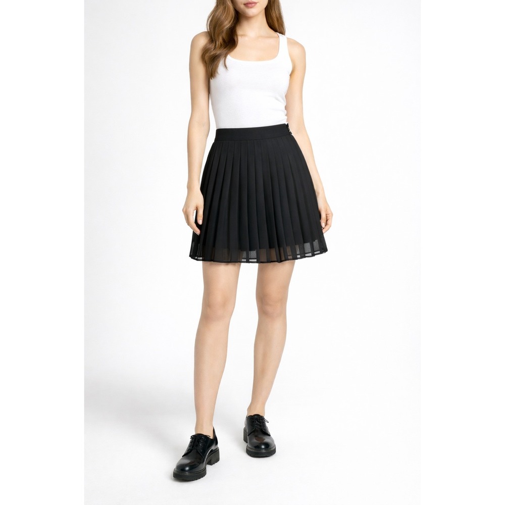 LOFT Womens Black Pleated Mini Skirt Chiffon Lined Side Zip Size 4 Career Preppy